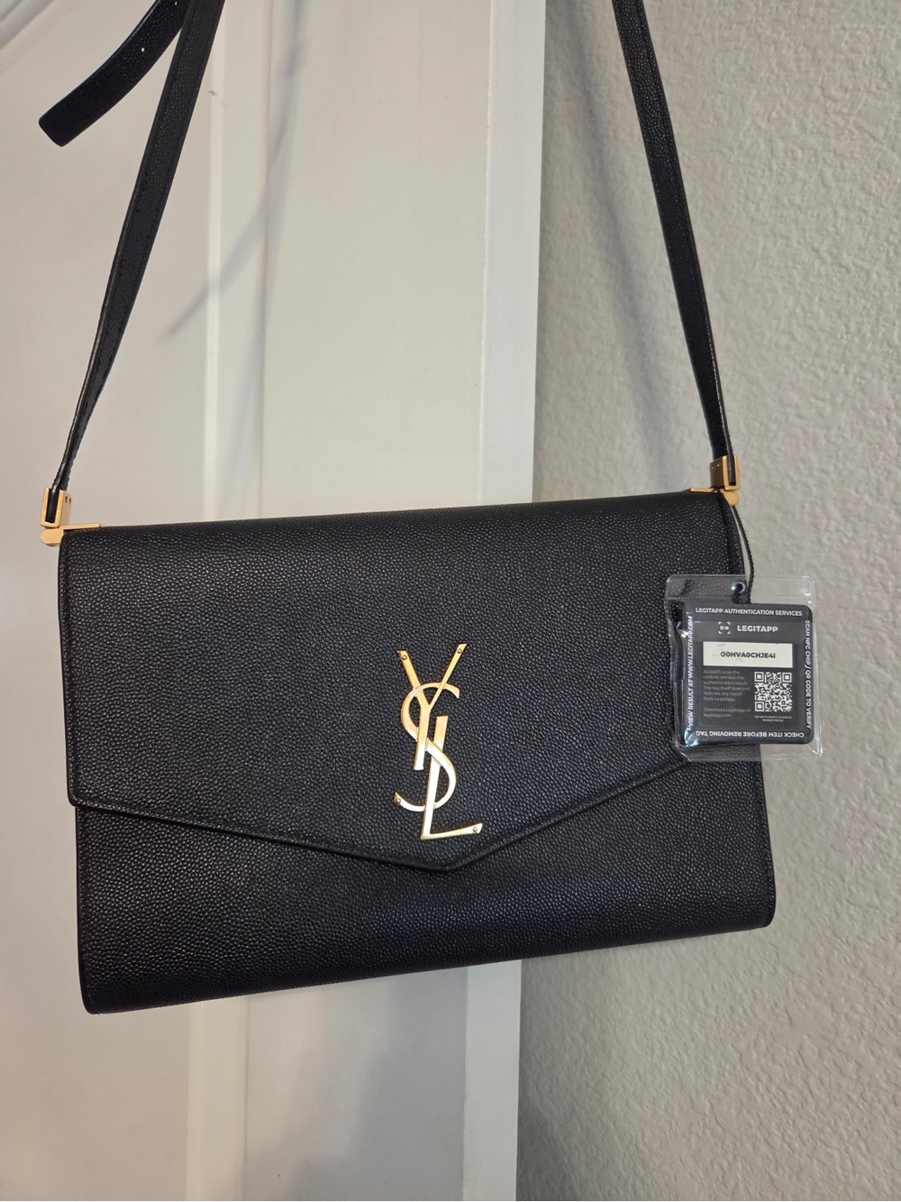 Saint Laurent Black Leather Envelope Shoulder Bag with Gold YSL Logo